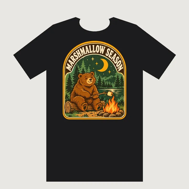 Mẫu áo thun Marshmallow Season do Merch Designer thiết kế, in trên áo đen