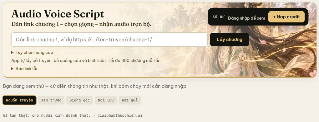 Màn hình Audio Voice Script: ô dán link chương 1 và nút Lấy chương