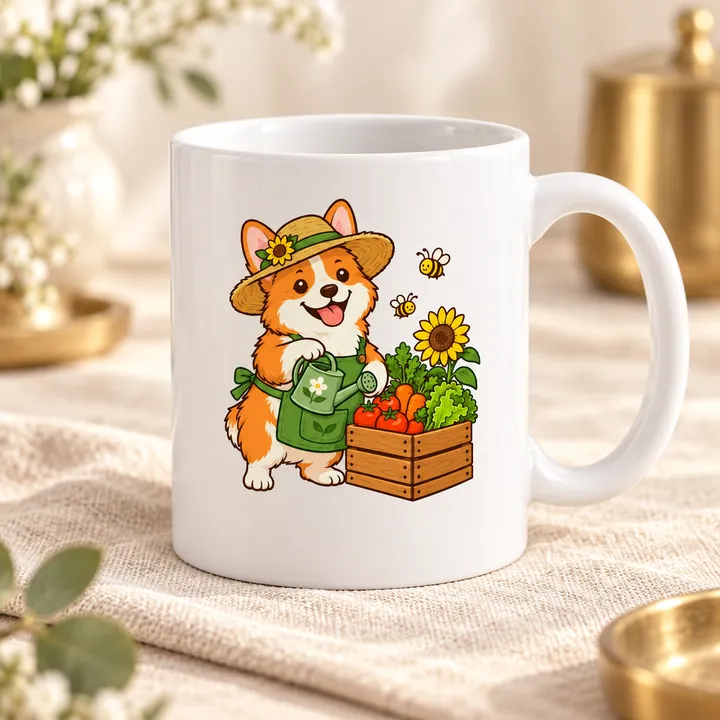 Cùng thiết kế in trên cốc sứ: chú corgi ôm giỏ cam